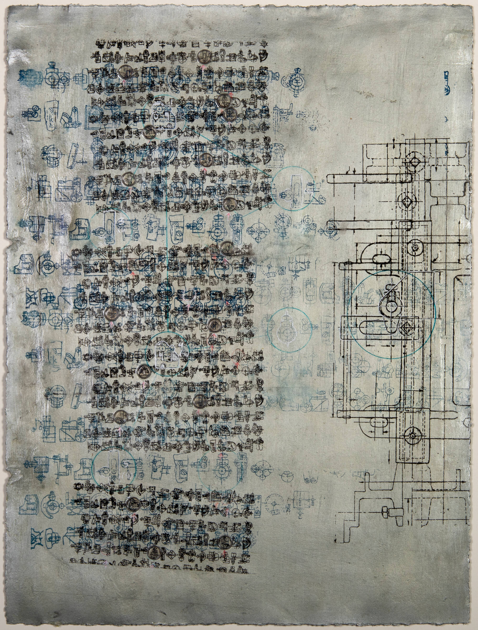 Grey background with multiple layers of text, symbols and blue prints.